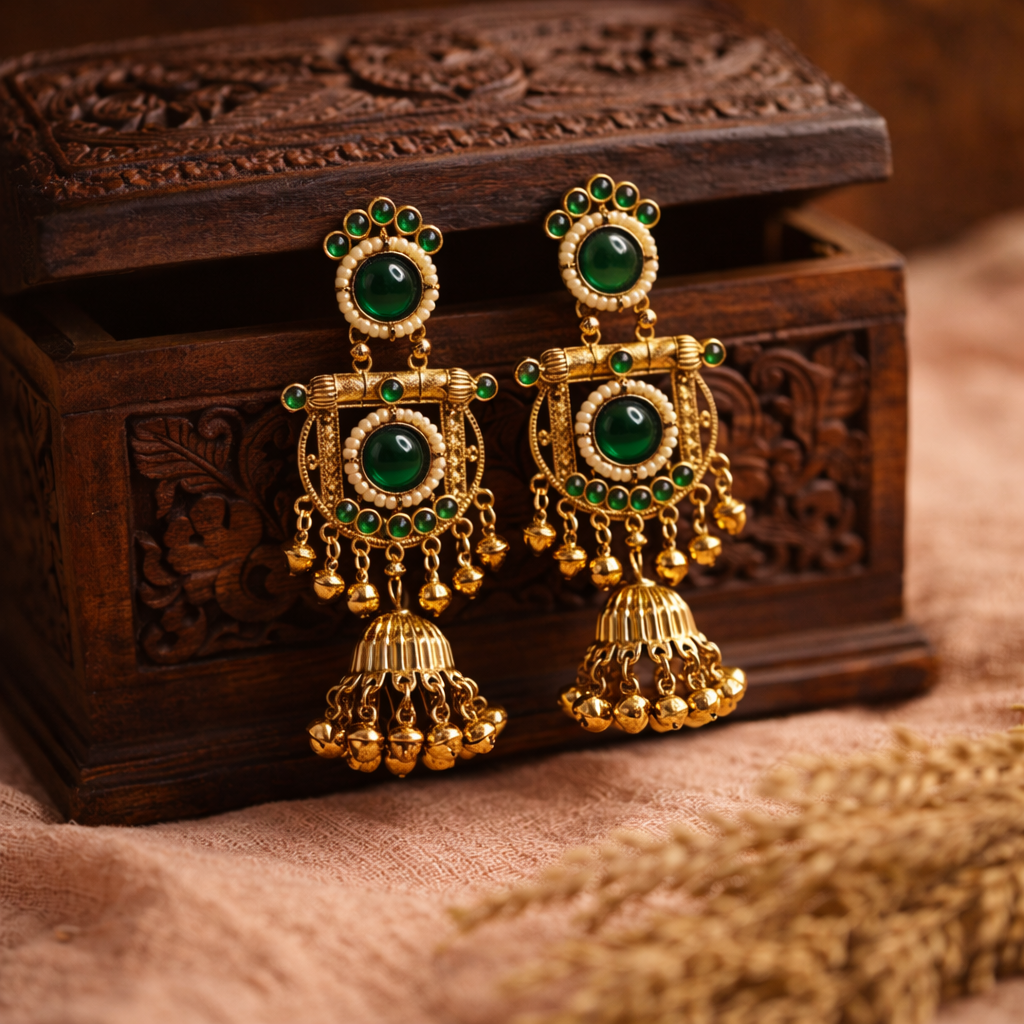 Rani Premium Kashmiri Matte Polish Ghungroo Jhumka Earrings- Green