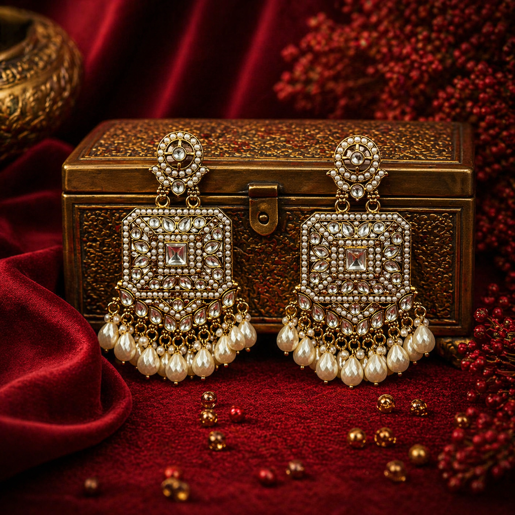 Royal Pearl Kundan Square Drops