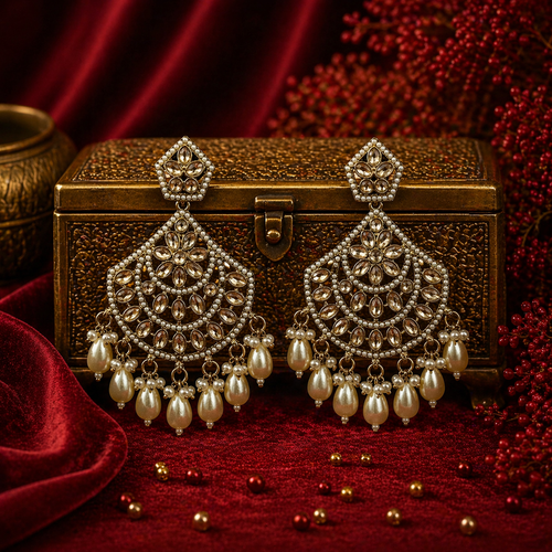 Ivory Pearl Kundan Chand Drop Earrings
