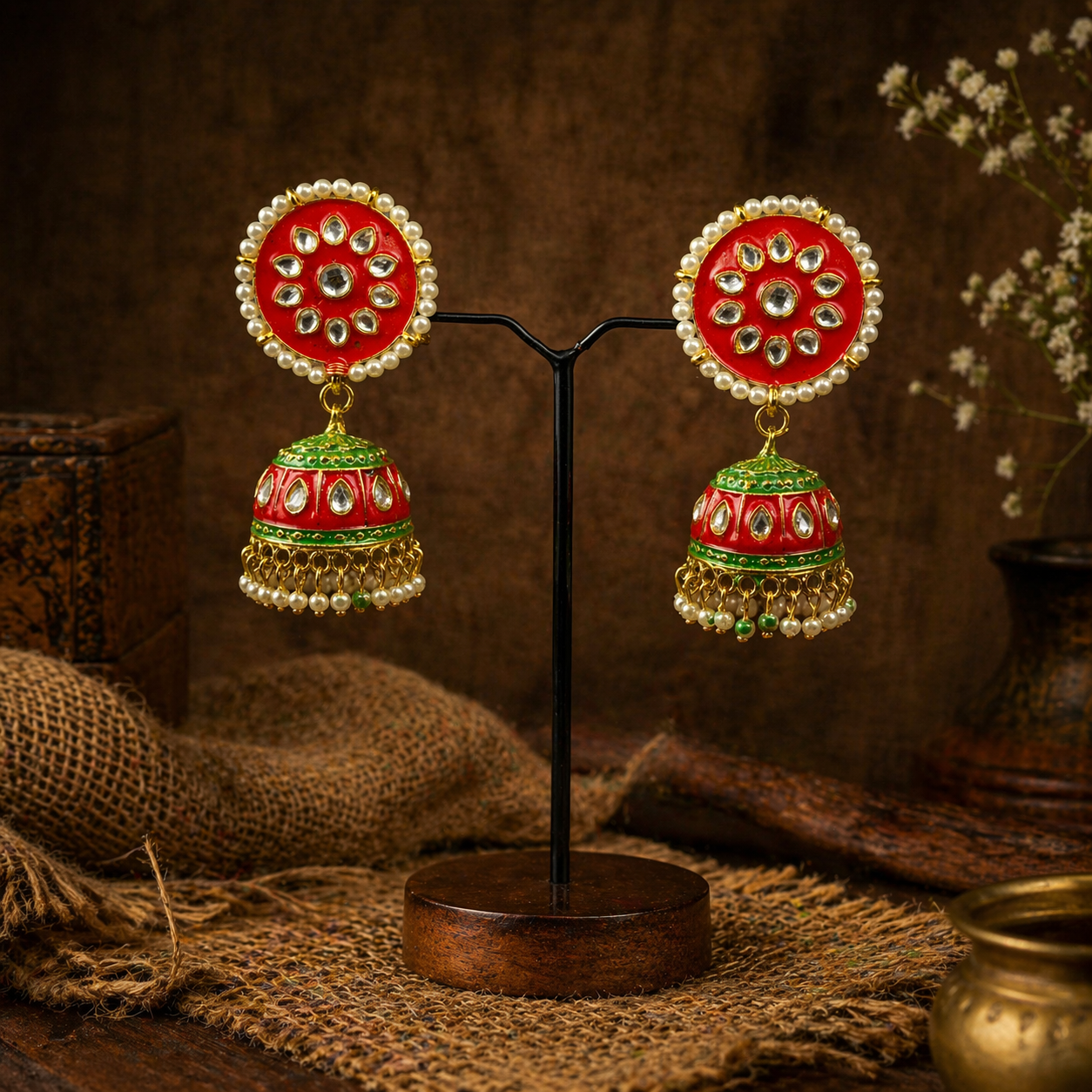 Japuri Meenakari Jhumka- Red