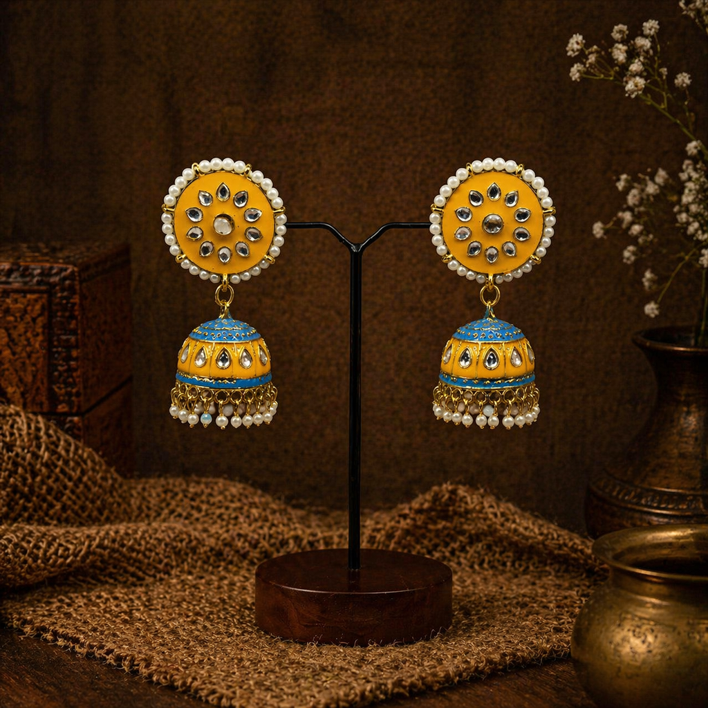 Meenakari Jhumka Earrings- Yellow