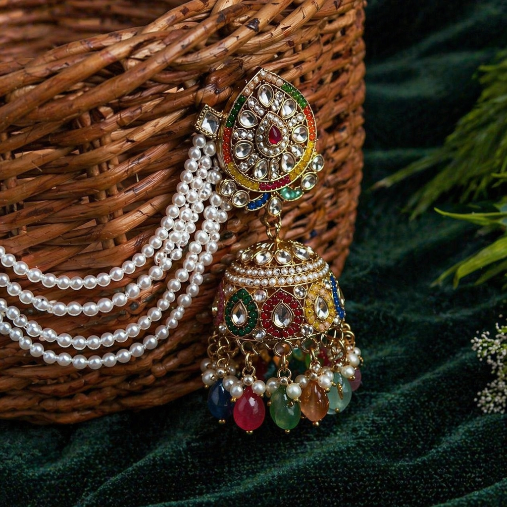Nayra Jadau Jhumka Earrings with Sahara - Multi