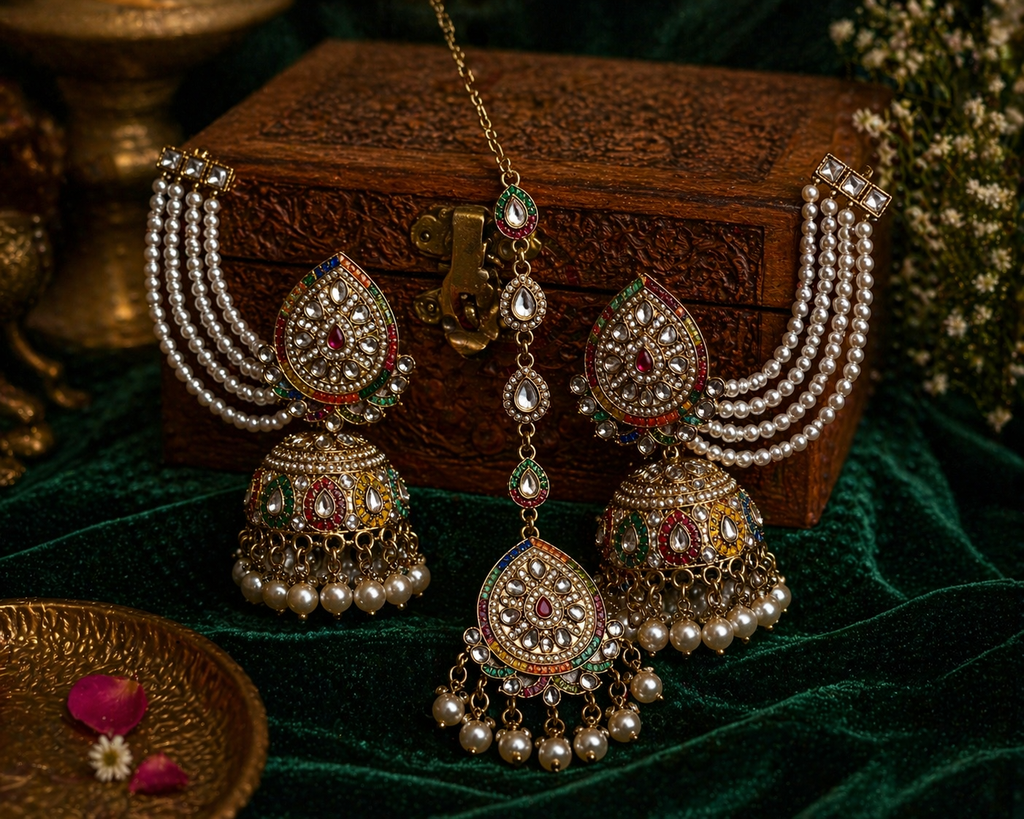 Nayra Jadau Jhumka Earrings with Sahara - Multi