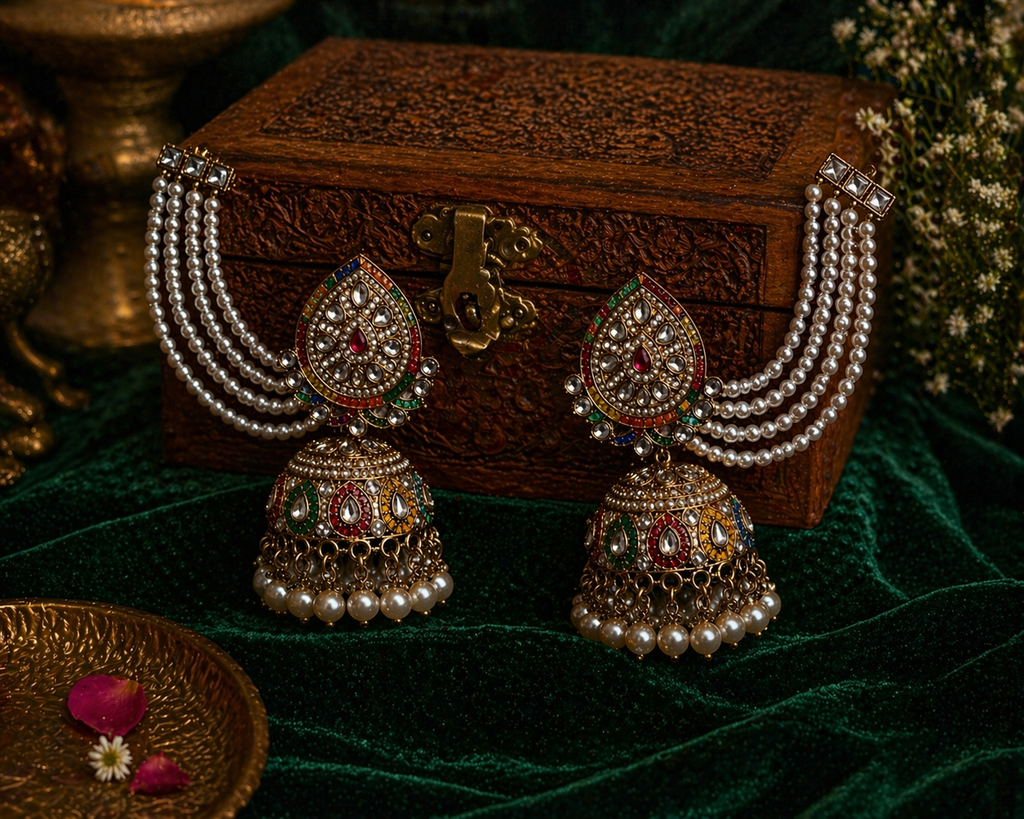 Nayra Jadau Jhumka Earrings with Sahara - Multi