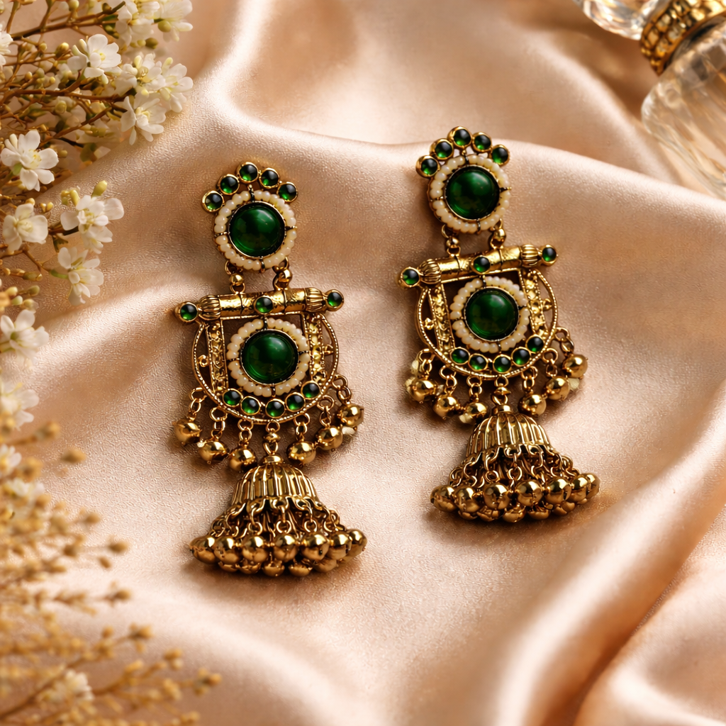Rani Premium Kashmiri Matte Polish Ghungroo Jhumka Earrings- Green