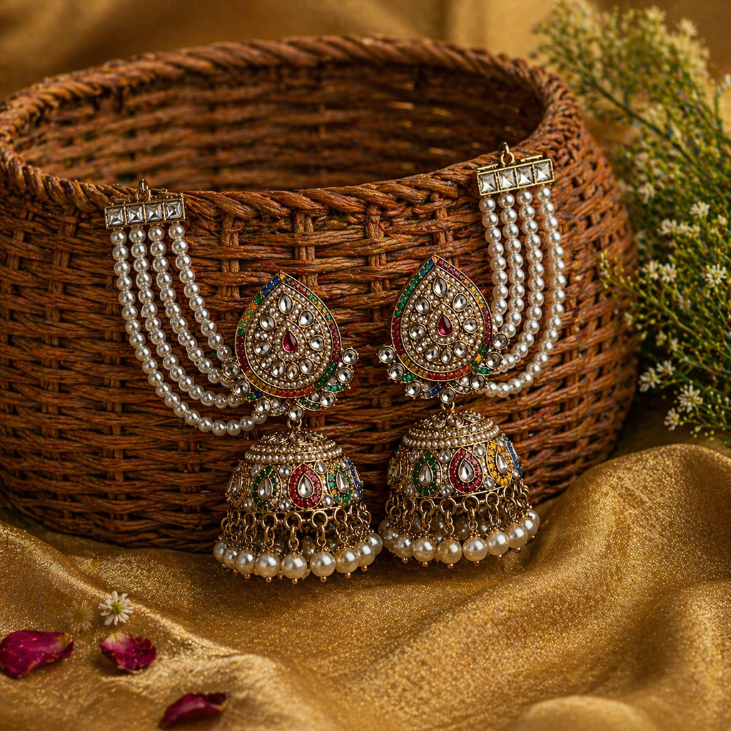 Nayra Jadau Jhumka Earrings with Sahara - Multi