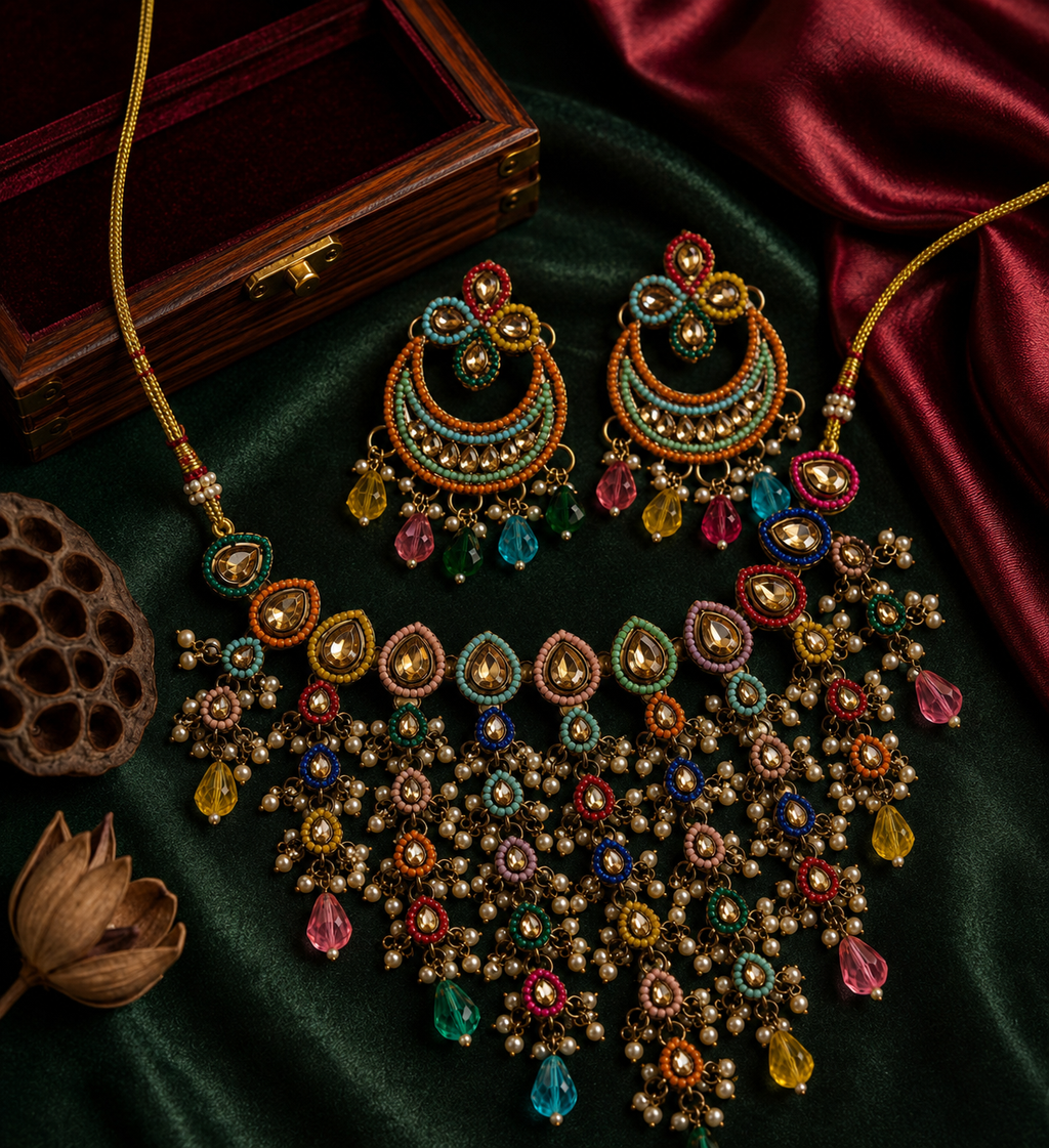 Navratan Jhalar Necklace Set