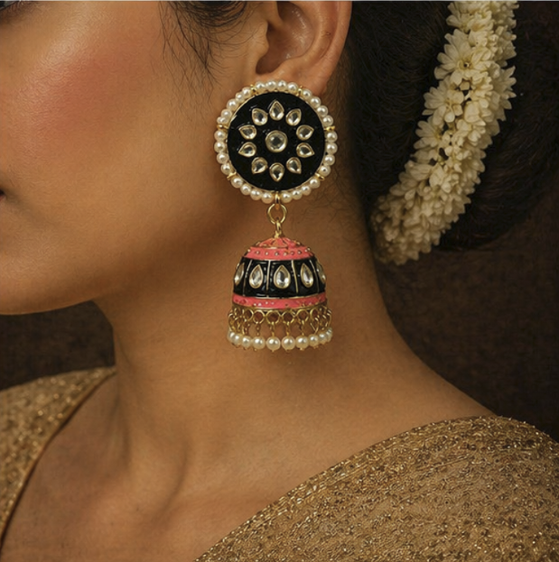 Meenakari Jhumka Earrings-Black