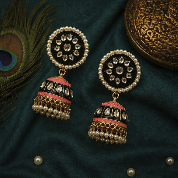 Meenakari Jhumka Earrings-Black