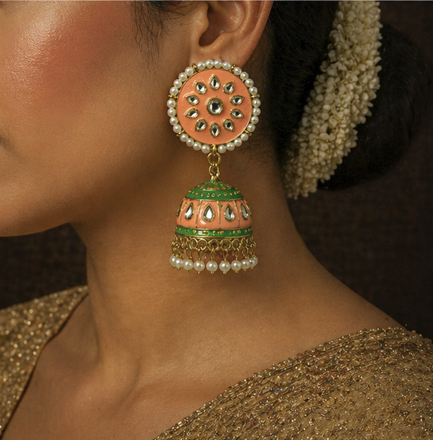 Meenakari Jhumka Earrings- Peach