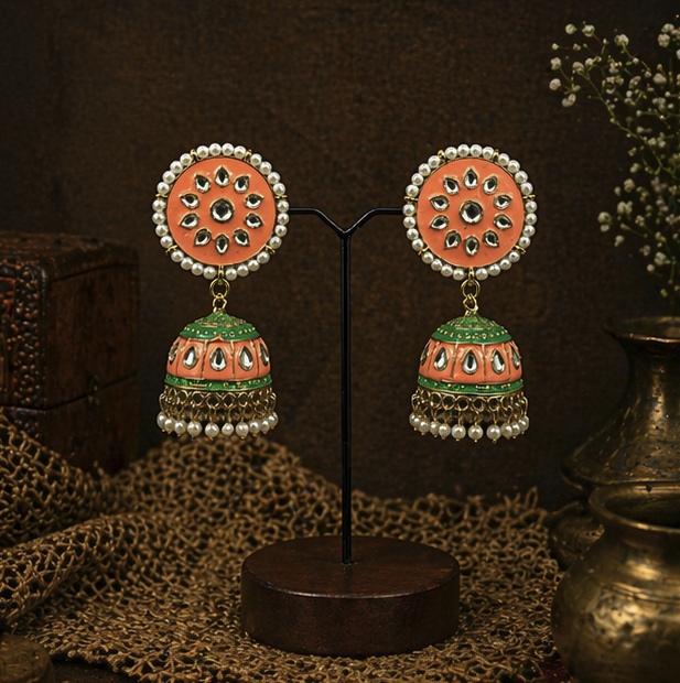 Meenakari Jhumka Earrings- Peach