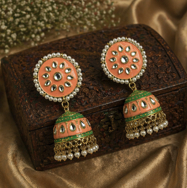 Meenakari Jhumka Earrings- Peach