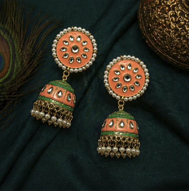 Meenakari Jhumka Earrings- Peach