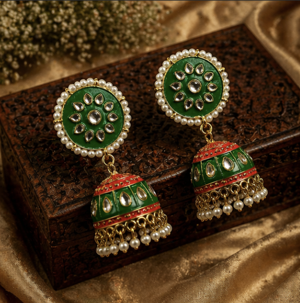 Meenakari Jhumka Earrings- Green & Red