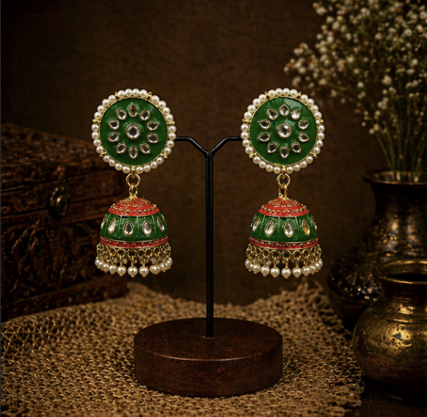 Meenakari Jhumka Earrings- Green & Red