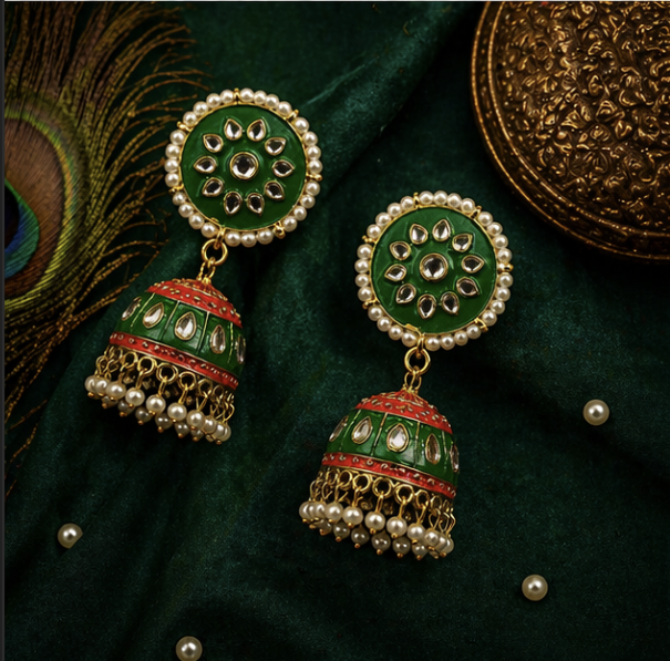 Meenakari Jhumka Earrings- Green & Red
