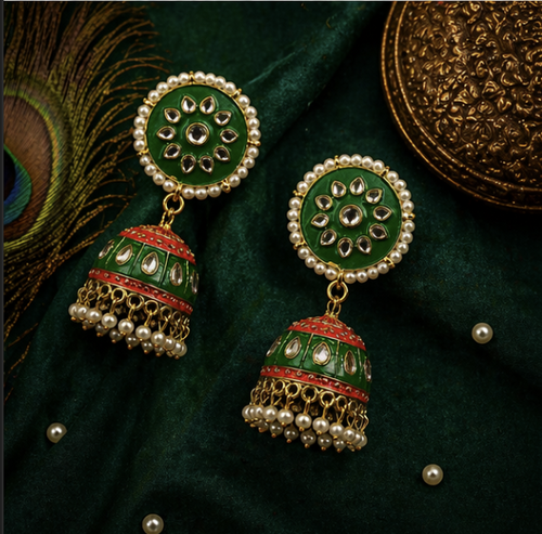Meenakari Jhumka Earrings- Green & Red