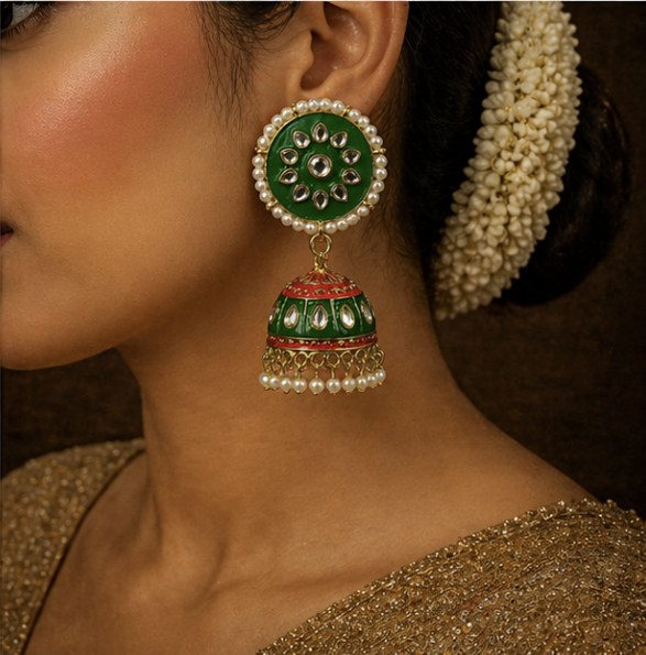 Meenakari Jhumka Earrings- Green & Red