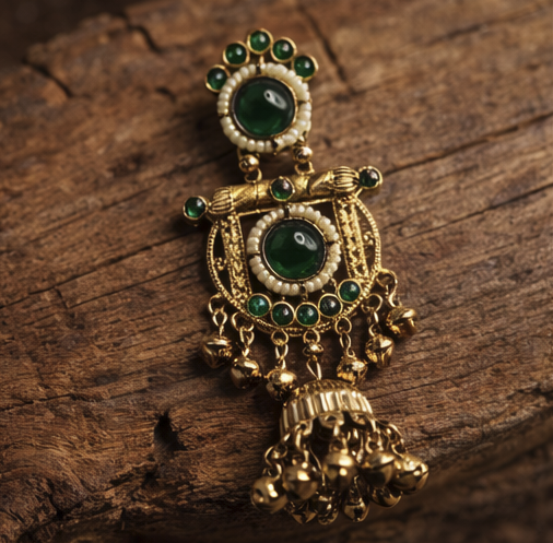 Rani Premium Kashmiri Matte Polish Ghungroo Jhumka Earrings- Green
