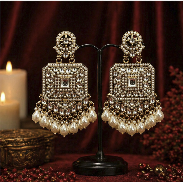 Royal Pearl Kundan Square Drops