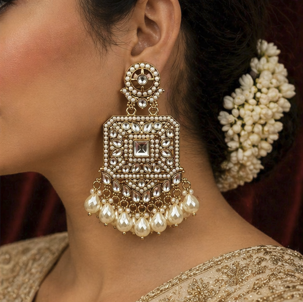 Royal Pearl Kundan Square Drops