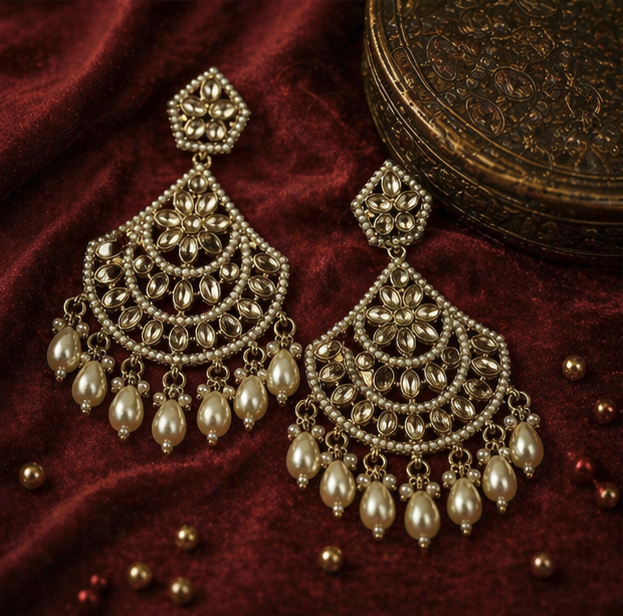 Ivory Pearl Kundan Chand Drop Earrings