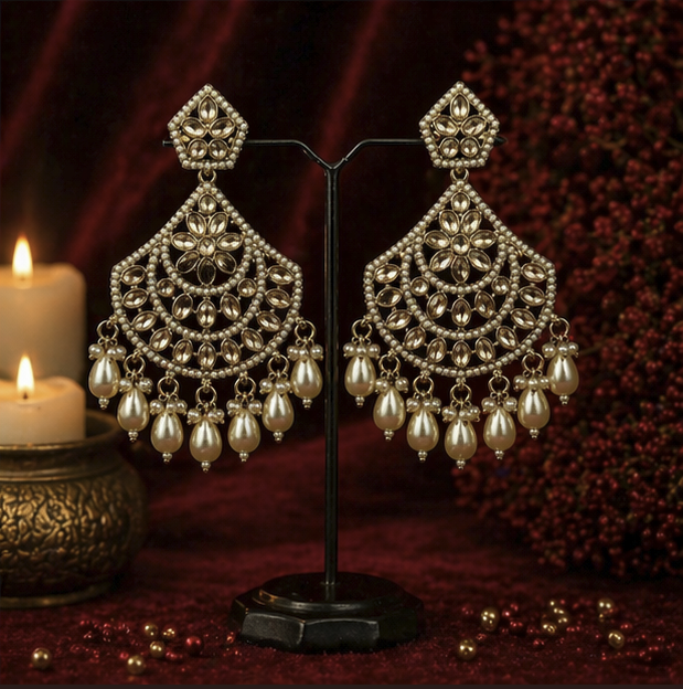 Ivory Pearl Kundan Chand Drop Earrings