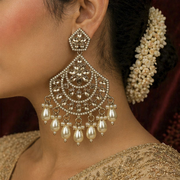 Ivory Pearl Kundan Chand Drop Earrings