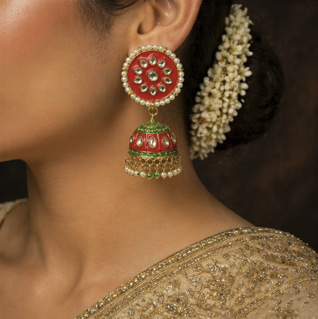 Japuri Meenakari Jhumka- Red