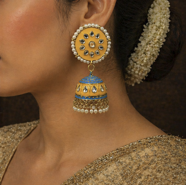Meenakari Jhumka Earrings- Yellow