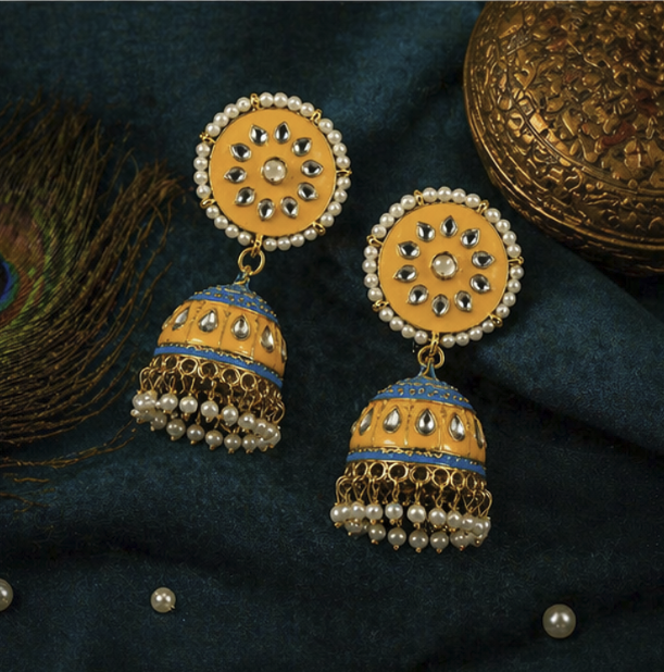 Meenakari Jhumka Earrings- Yellow