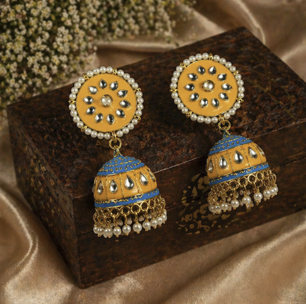 Meenakari Jhumka Earrings- Yellow